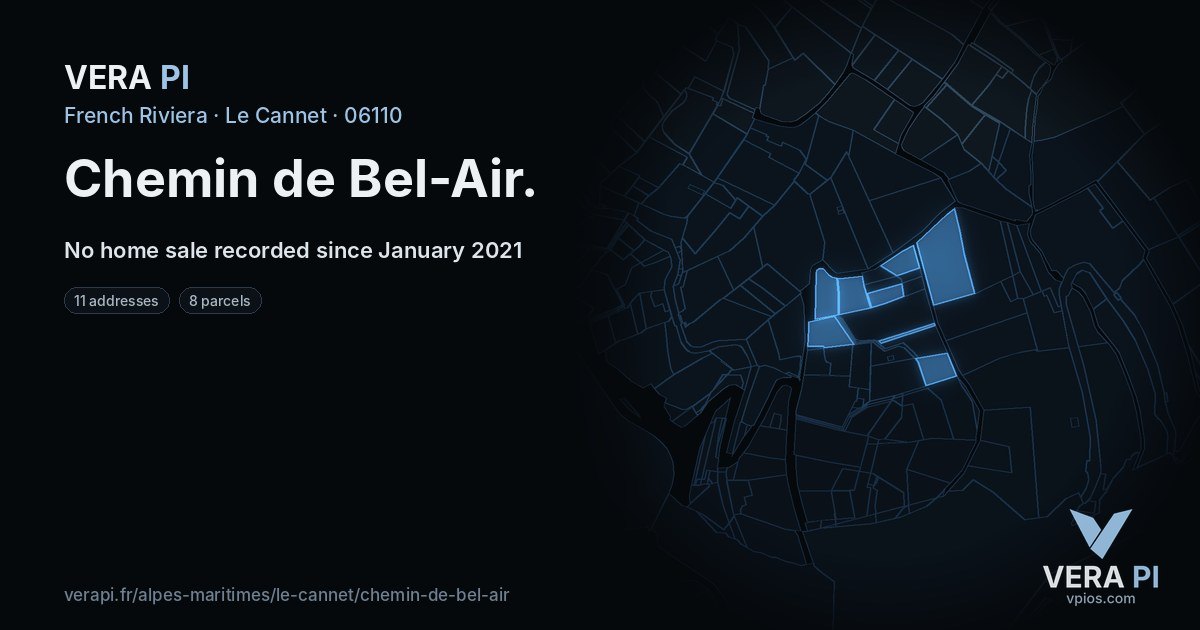 Chemin de Bel-Air, Le Cannet at night – every parcel coloured by the prices around it, the street's own parcels lit