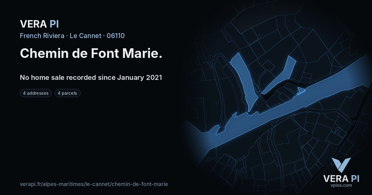 Chemin de Font Marie, Le Cannet at night – every parcel coloured by the prices around it, the street's own parcels lit