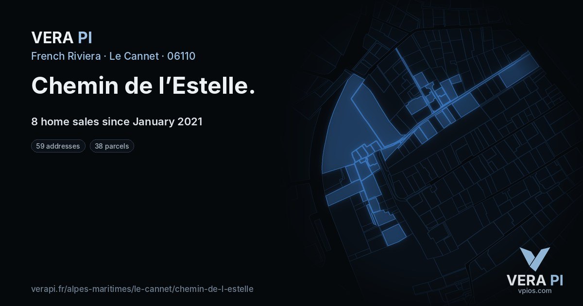 Chemin de l’Estelle, Le Cannet at night – every parcel coloured by the prices around it, the street's own parcels lit