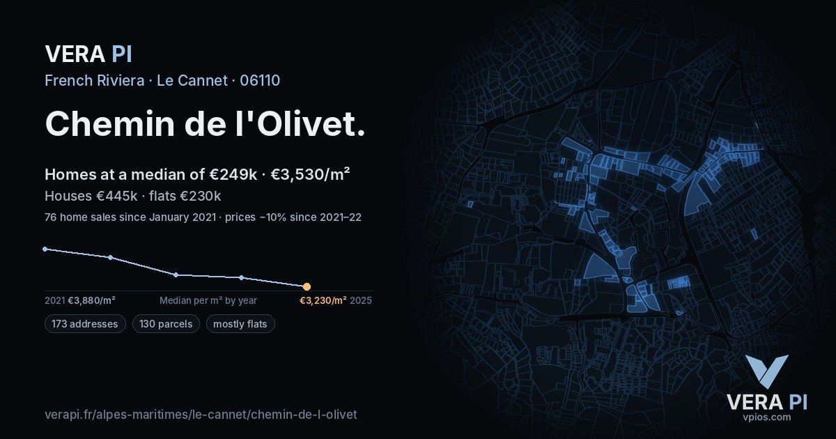 Chemin de l'Olivet, Le Cannet at night – every parcel coloured by the prices around it, the street's own parcels lit