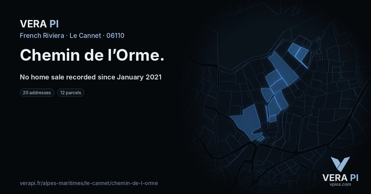 Chemin de l’Orme, Le Cannet at night – every parcel coloured by the prices around it, the street's own parcels lit