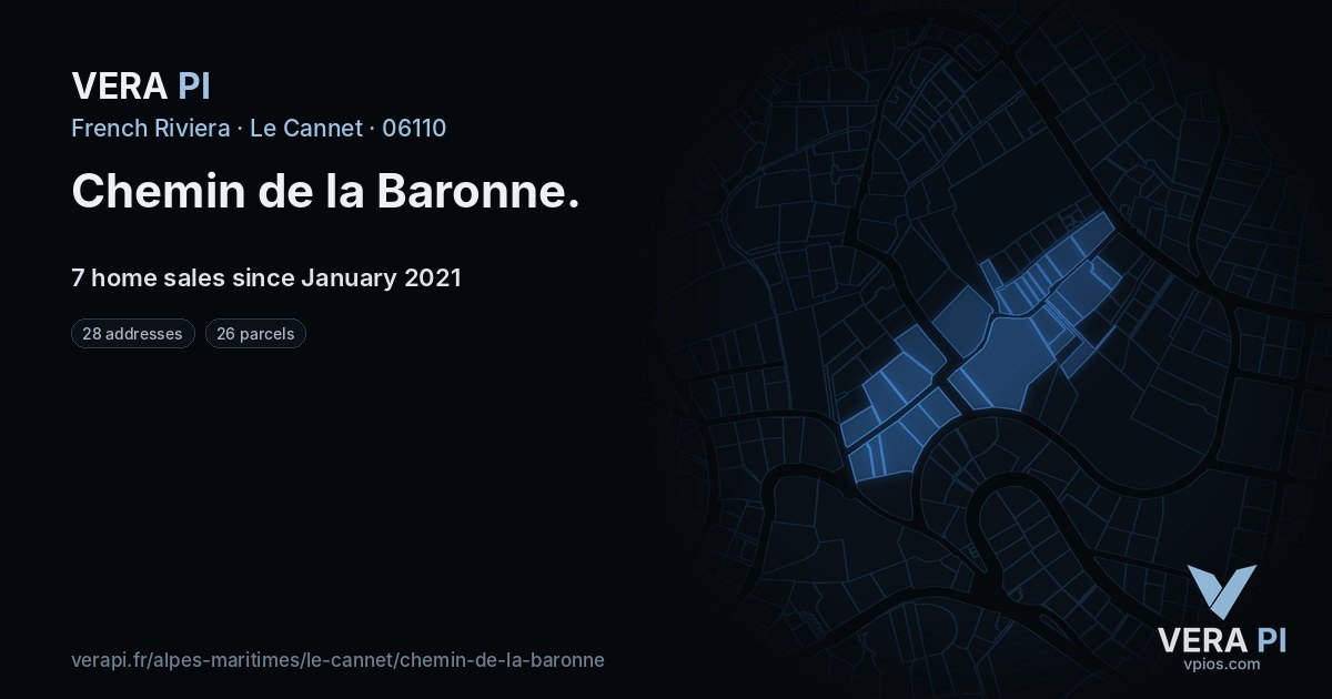 Chemin de la Baronne, Le Cannet at night – every parcel coloured by the prices around it, the street's own parcels lit