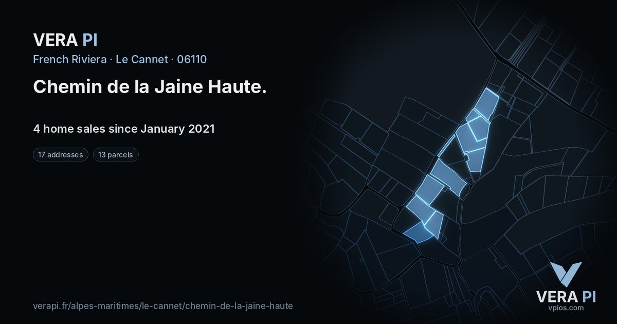 Chemin de la Jaine Haute, Le Cannet at night – every parcel coloured by the prices around it, the street's own parcels lit
