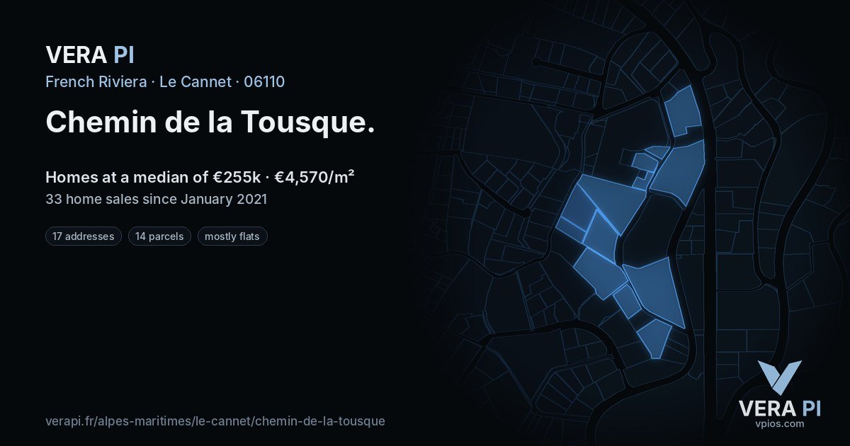 Chemin de la Tousque, Le Cannet at night – every parcel coloured by the prices around it, the street's own parcels lit