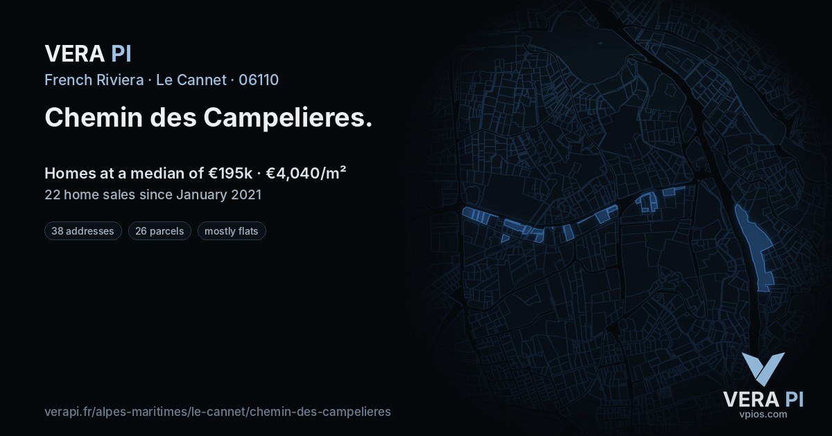 Chemin des Campelieres, Le Cannet at night – every parcel coloured by the prices around it, the street's own parcels lit