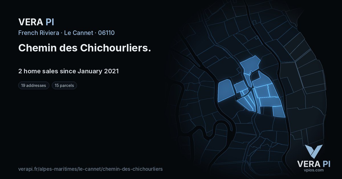 Chemin des Chichourliers, Le Cannet at night – every parcel coloured by the prices around it, the street's own parcels lit