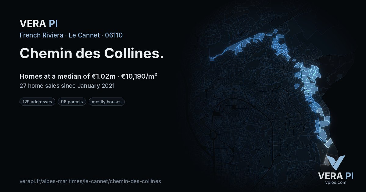 Chemin des Collines, Le Cannet at night – every parcel coloured by the prices around it, the street's own parcels lit