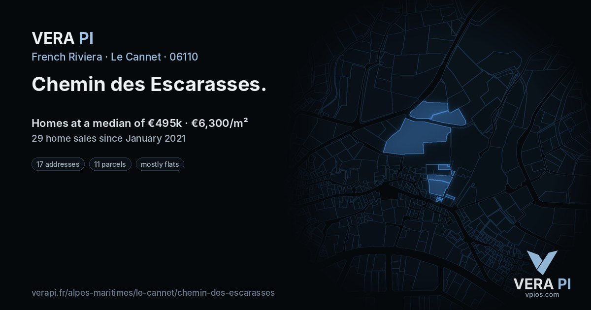Chemin des Escarasses, Le Cannet at night – every parcel coloured by the prices around it, the street's own parcels lit