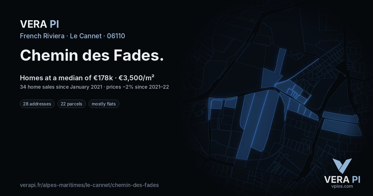 Chemin des Fades, Le Cannet at night – every parcel coloured by the prices around it, the street's own parcels lit