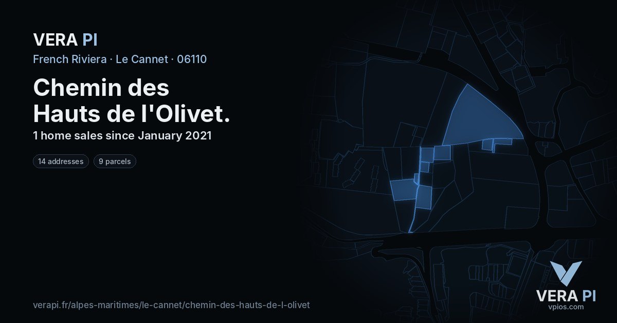 Chemin des Hauts de l'Olivet, Le Cannet at night – every parcel coloured by the prices around it, the street's own parcels lit
