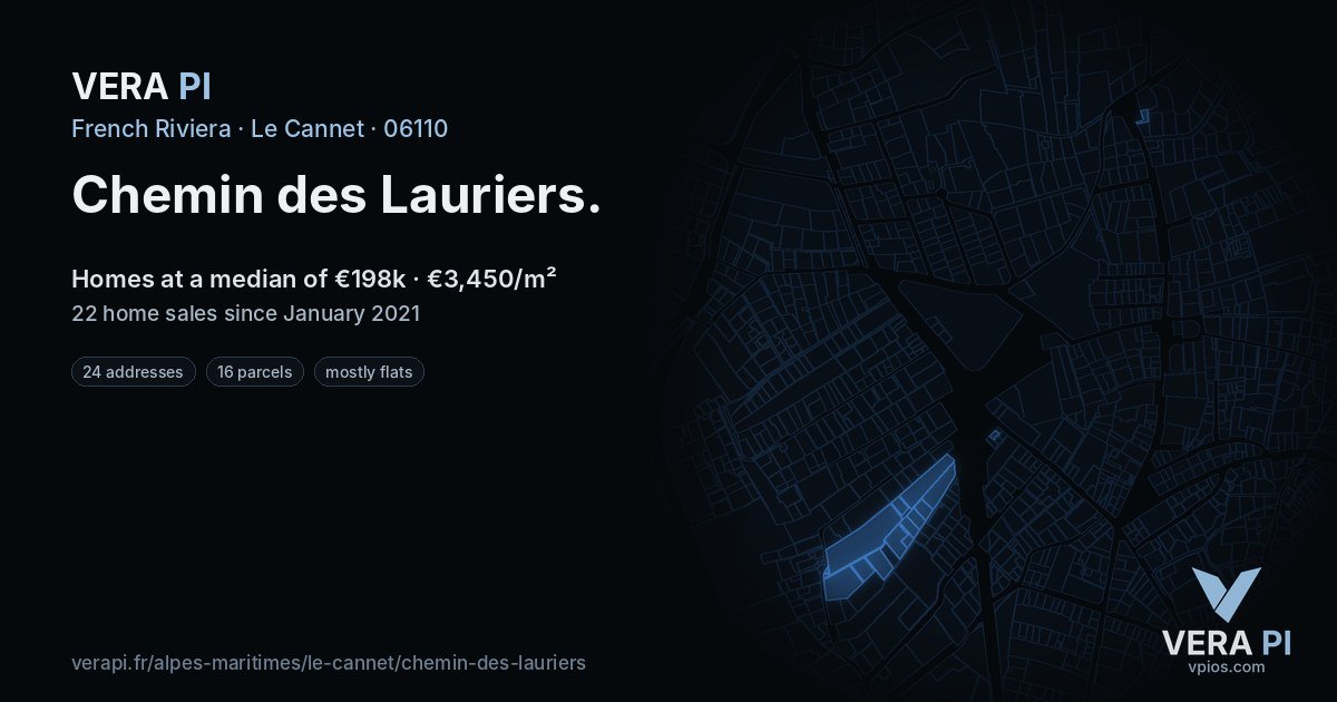 Chemin des Lauriers, Le Cannet at night – every parcel coloured by the prices around it, the street's own parcels lit