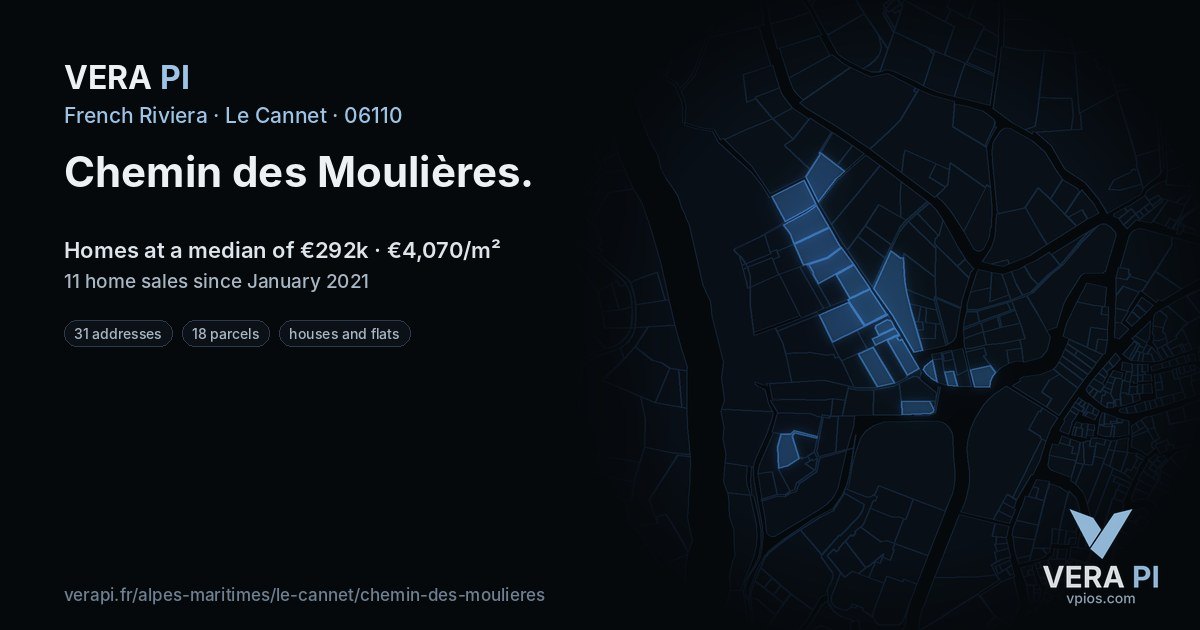 Chemin des Moulières, Le Cannet at night – every parcel coloured by the prices around it, the street's own parcels lit