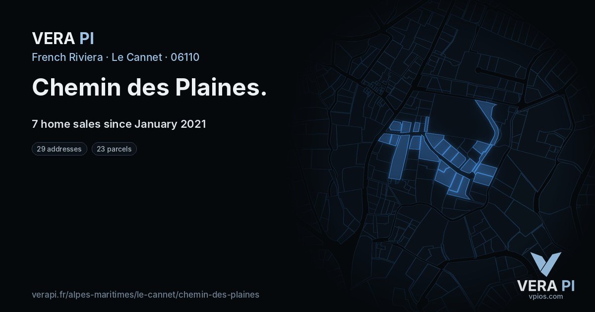 Chemin des Plaines, Le Cannet at night – every parcel coloured by the prices around it, the street's own parcels lit