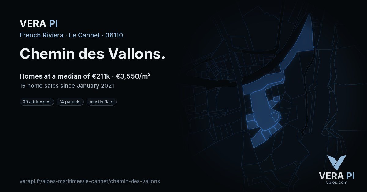 Chemin des Vallons, Le Cannet at night – every parcel coloured by the prices around it, the street's own parcels lit