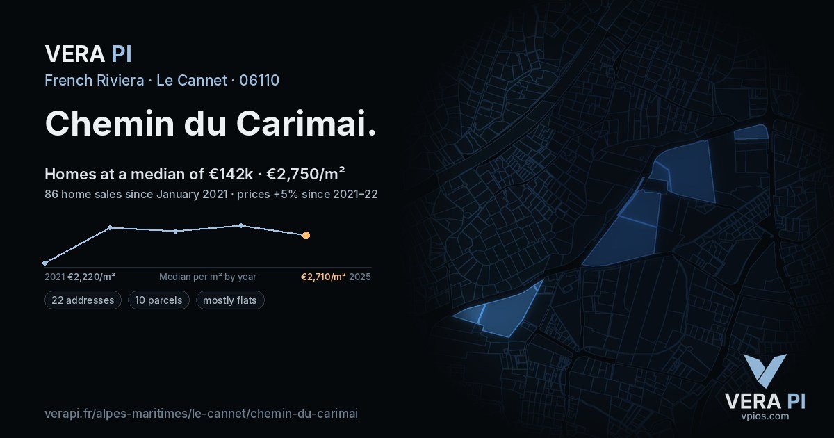 Chemin du Carimai, Le Cannet at night – every parcel coloured by the prices around it, the street's own parcels lit