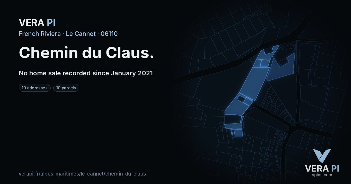 Chemin du Claus, Le Cannet at night – every parcel coloured by the prices around it, the street's own parcels lit