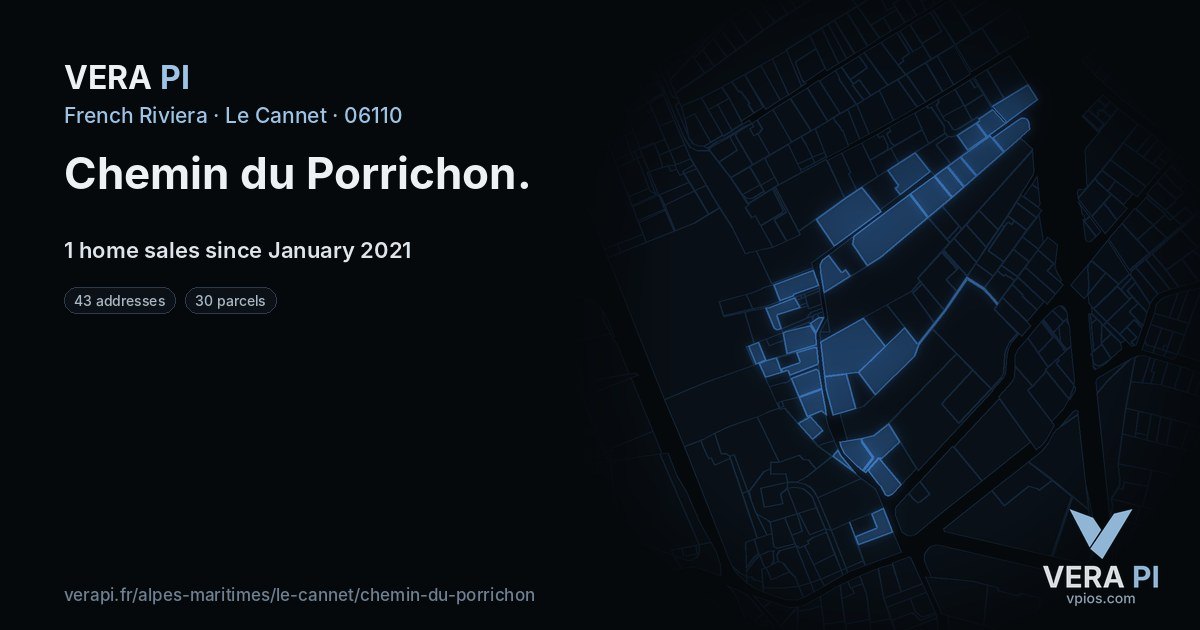 Chemin du Porrichon, Le Cannet at night – every parcel coloured by the prices around it, the street's own parcels lit