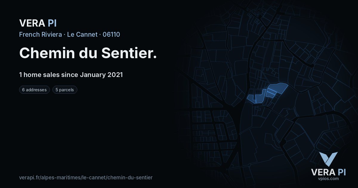 Chemin du Sentier, Le Cannet at night – every parcel coloured by the prices around it, the street's own parcels lit