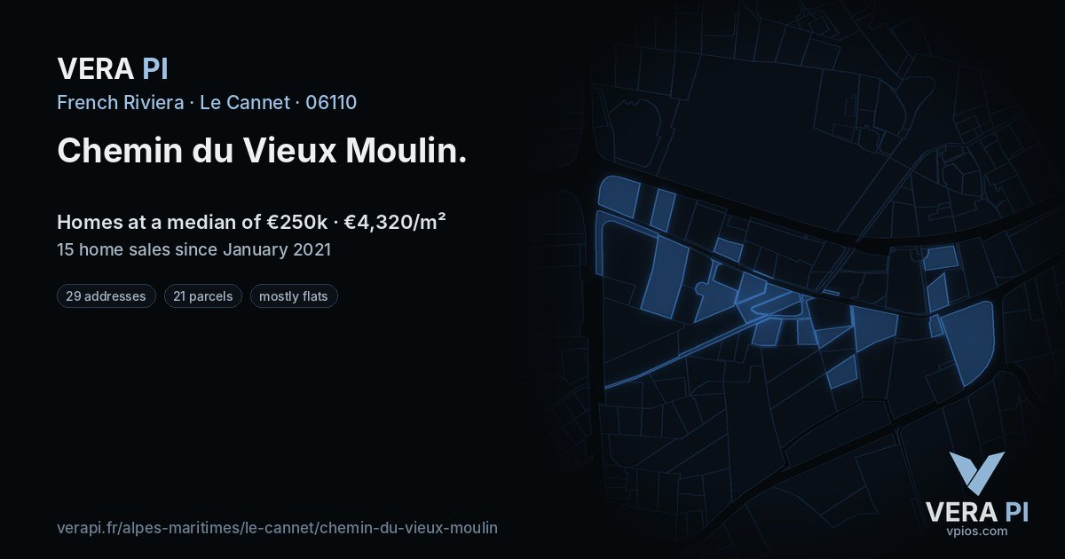 Chemin du Vieux Moulin, Le Cannet at night – every parcel coloured by the prices around it, the street's own parcels lit