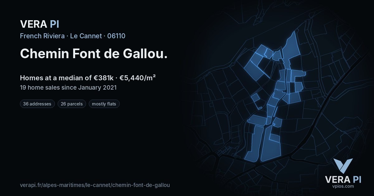 Chemin Font de Gallou, Le Cannet at night – every parcel coloured by the prices around it, the street's own parcels lit