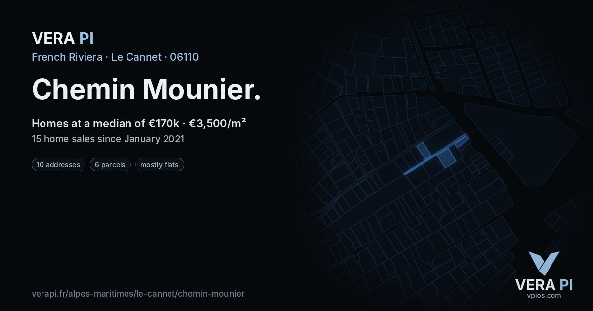 Chemin Mounier, Le Cannet at night – every parcel coloured by the prices around it, the street's own parcels lit