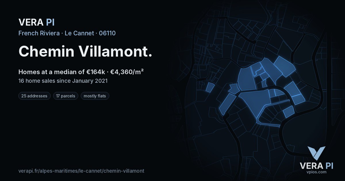 Chemin Villamont, Le Cannet at night – every parcel coloured by the prices around it, the street's own parcels lit