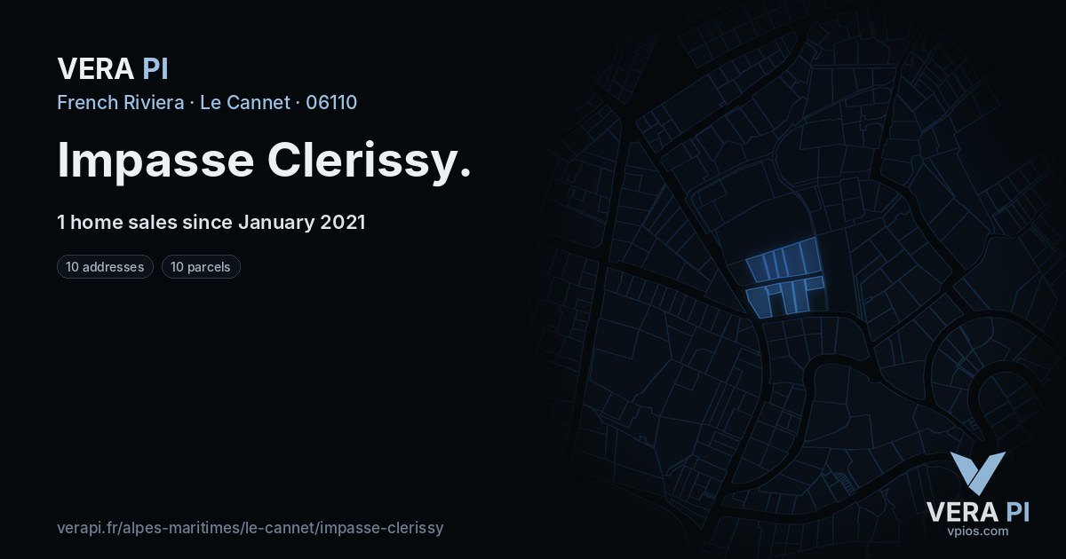 Impasse Clerissy, Le Cannet at night – every parcel coloured by the prices around it, the street's own parcels lit