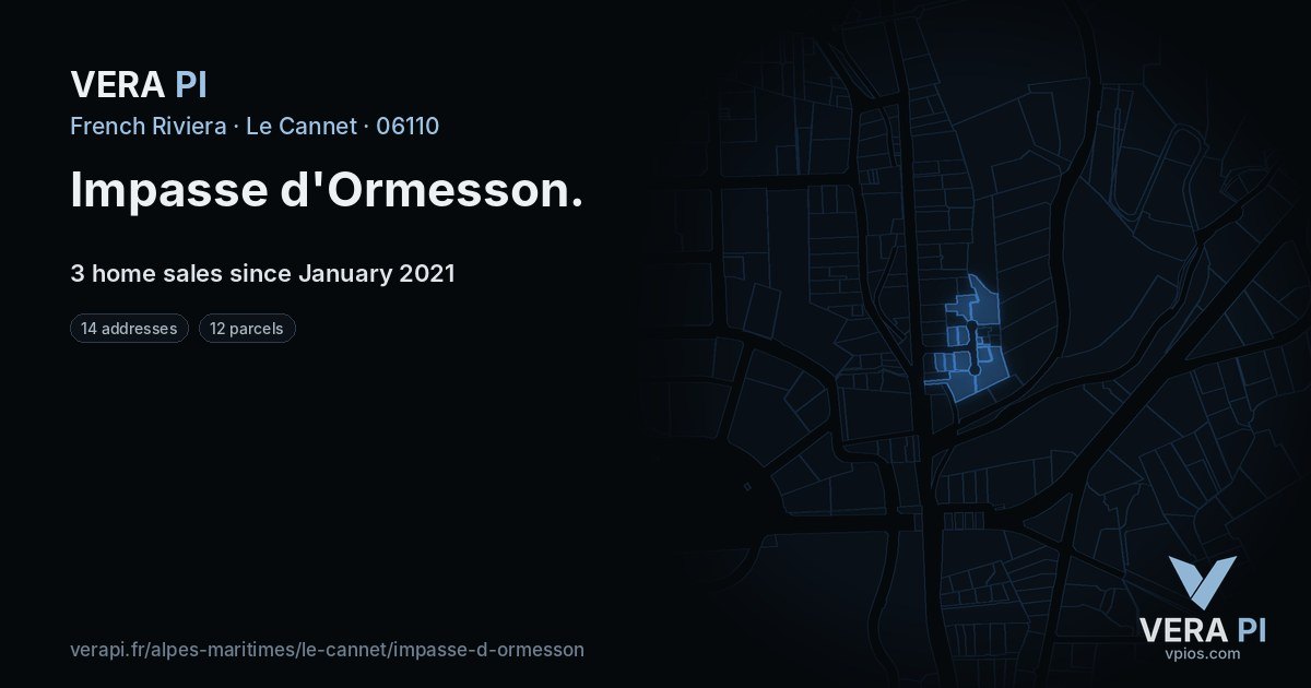 Impasse d'Ormesson, Le Cannet at night – every parcel coloured by the prices around it, the street's own parcels lit