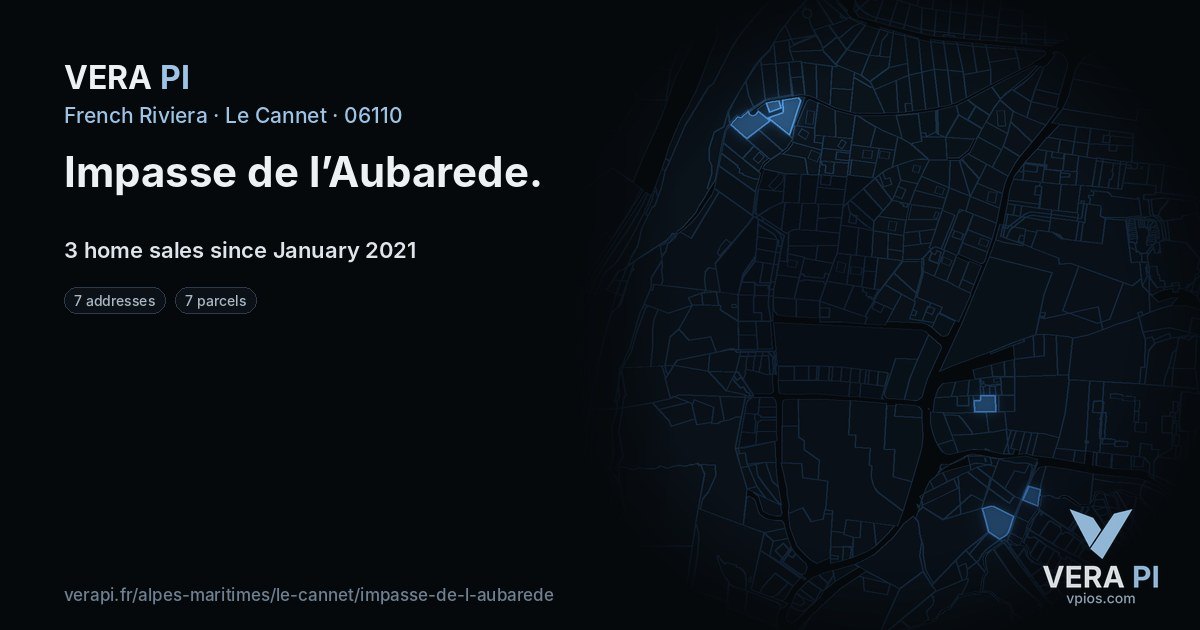 Impasse de l’Aubarede, Le Cannet at night – every parcel coloured by the prices around it, the street's own parcels lit