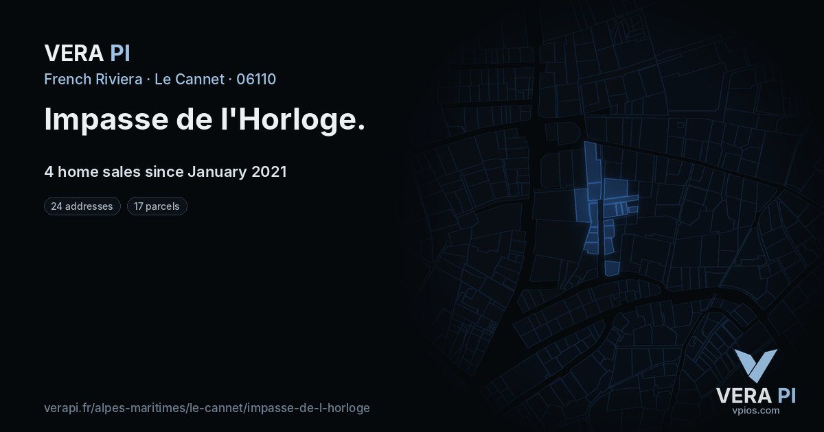 Impasse de l'Horloge, Le Cannet at night – every parcel coloured by the prices around it, the street's own parcels lit