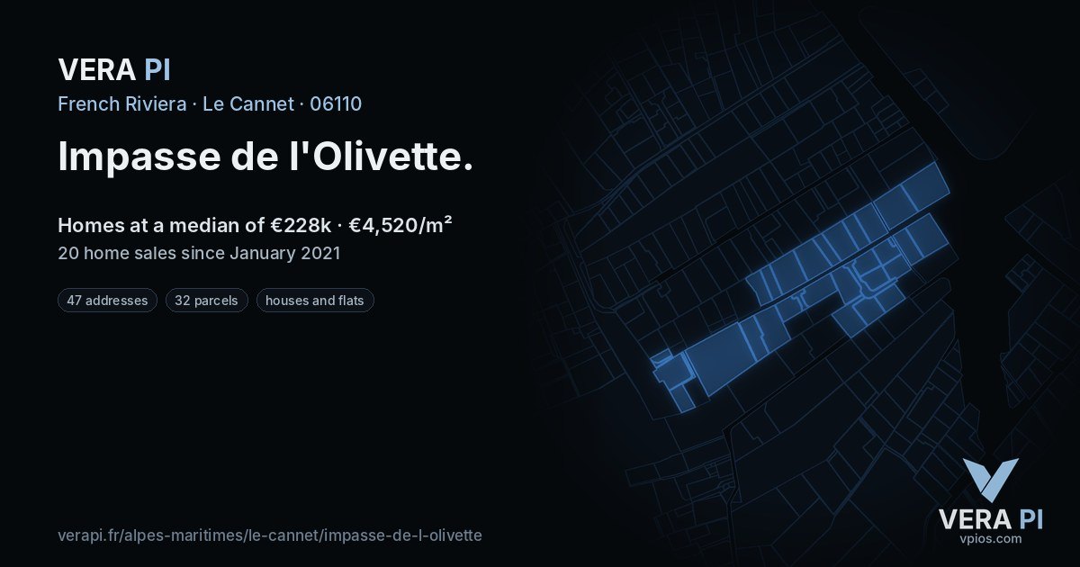 Impasse de l'Olivette, Le Cannet at night – every parcel coloured by the prices around it, the street's own parcels lit