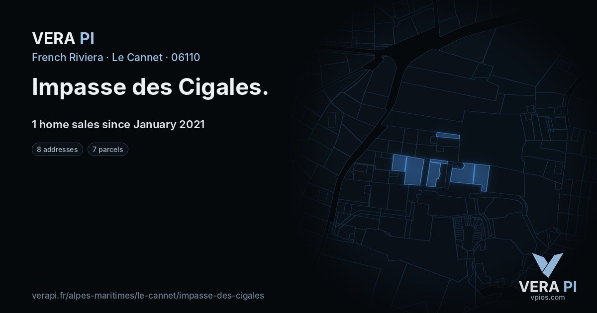 Impasse des Cigales, Le Cannet at night – every parcel coloured by the prices around it, the street's own parcels lit