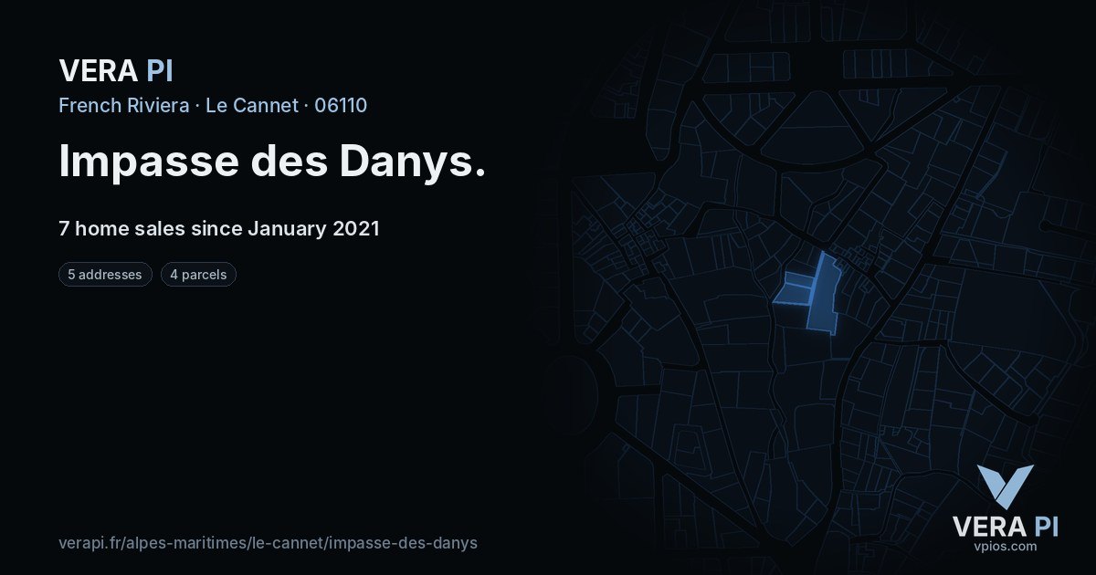 Impasse des Danys, Le Cannet at night – every parcel coloured by the prices around it, the street's own parcels lit