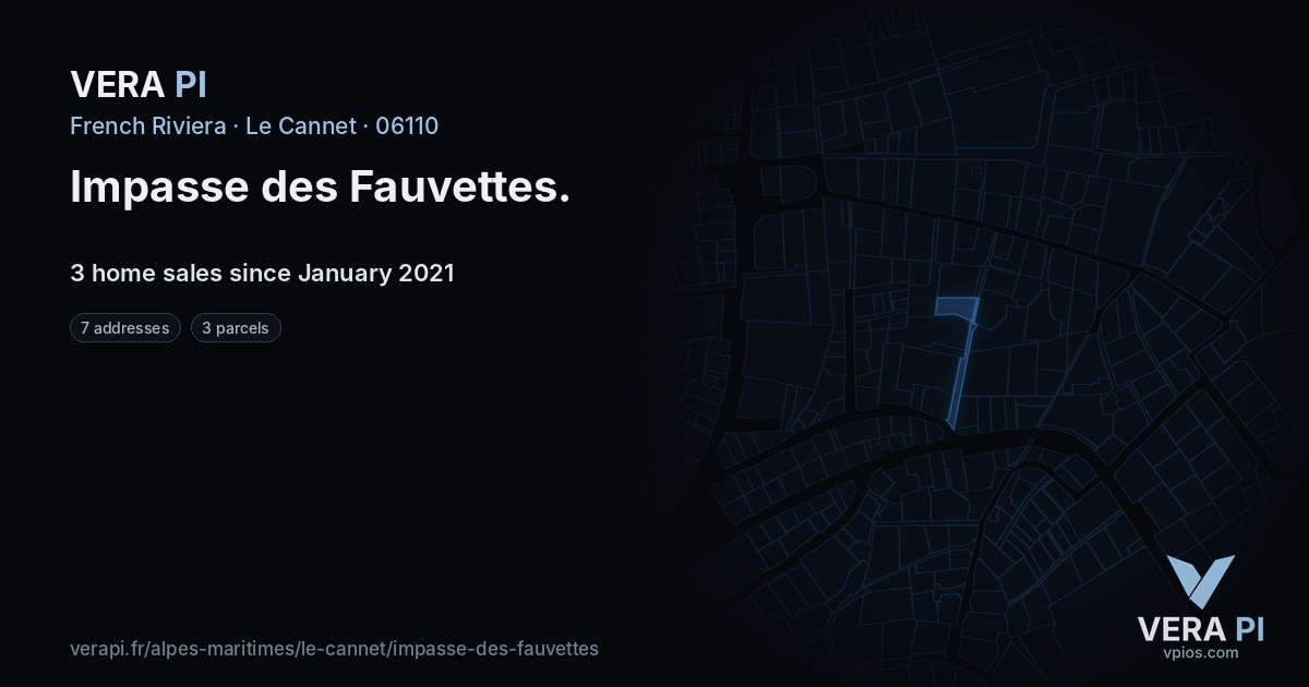 Impasse des Fauvettes, Le Cannet at night – every parcel coloured by the prices around it, the street's own parcels lit