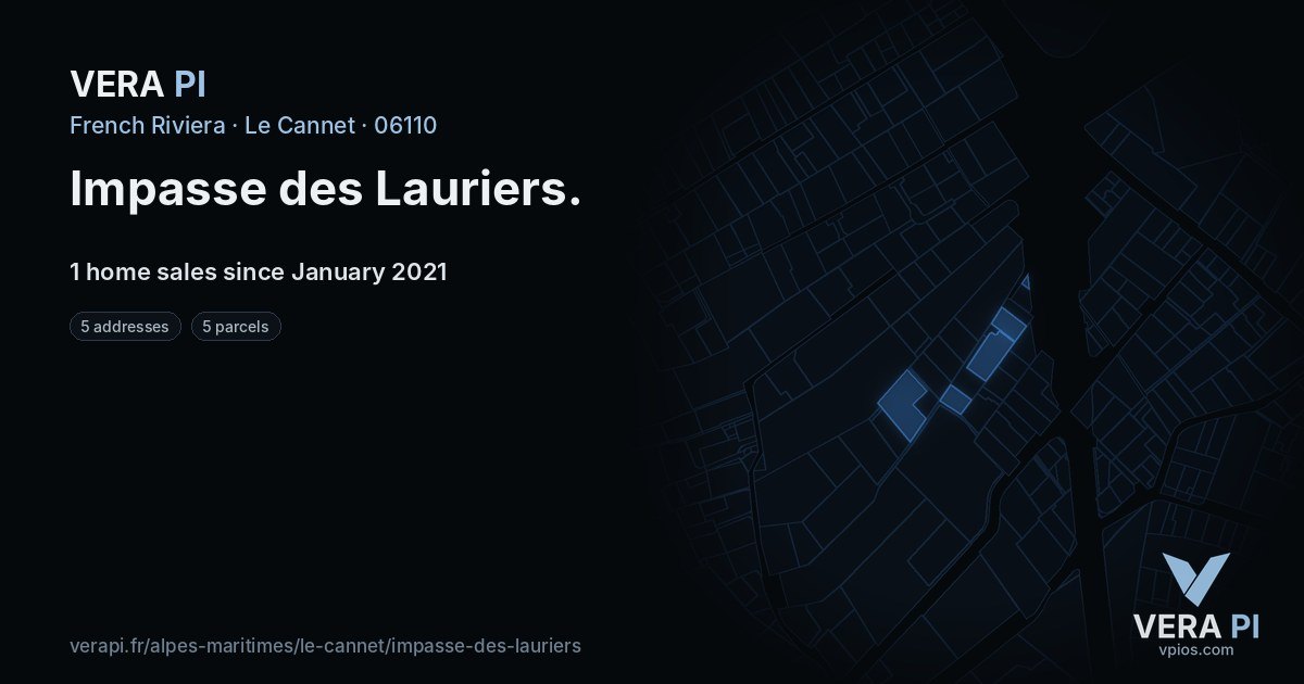Impasse des Lauriers, Le Cannet at night – every parcel coloured by the prices around it, the street's own parcels lit