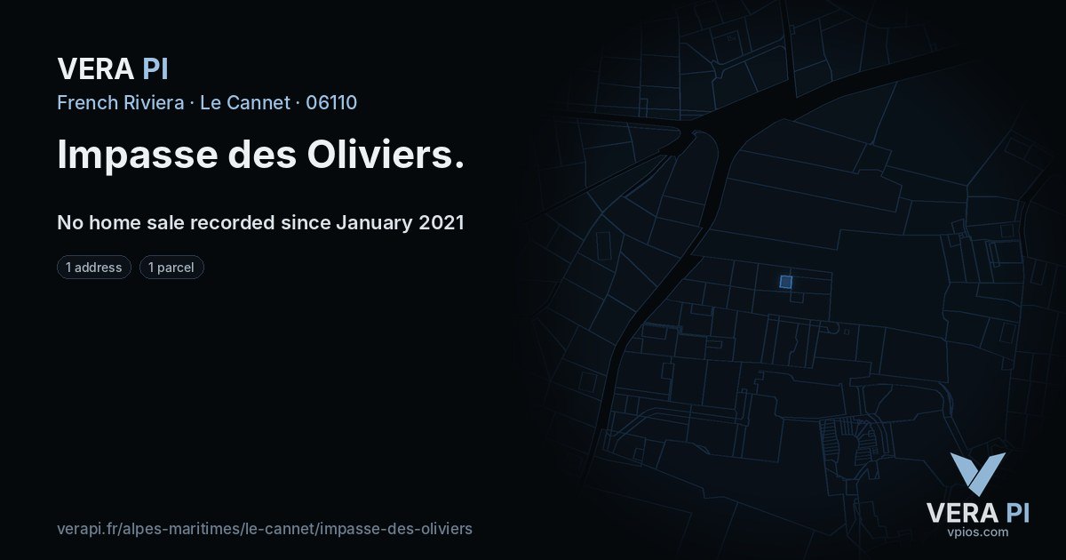 Impasse des Oliviers, Le Cannet at night – every parcel coloured by the prices around it, the street's own parcels lit