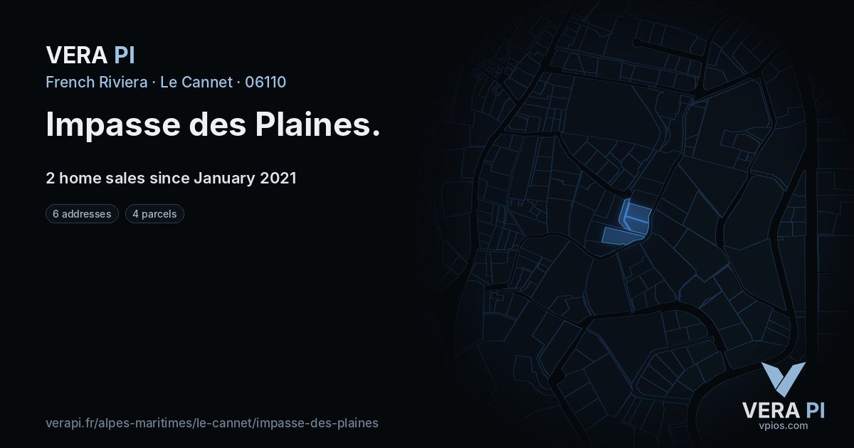 Impasse des Plaines, Le Cannet at night – every parcel coloured by the prices around it, the street's own parcels lit