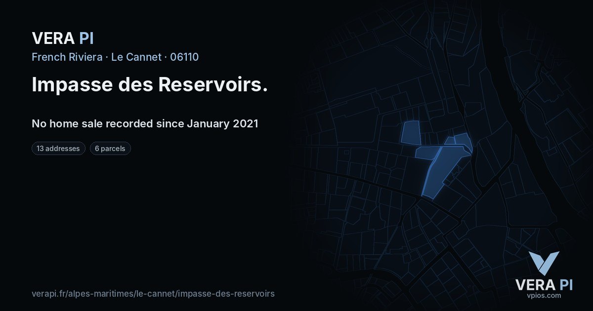 Impasse des Reservoirs, Le Cannet at night – every parcel coloured by the prices around it, the street's own parcels lit