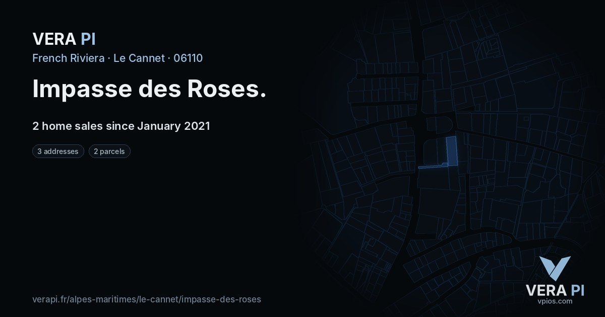 Impasse des Roses, Le Cannet at night – every parcel coloured by the prices around it, the street's own parcels lit