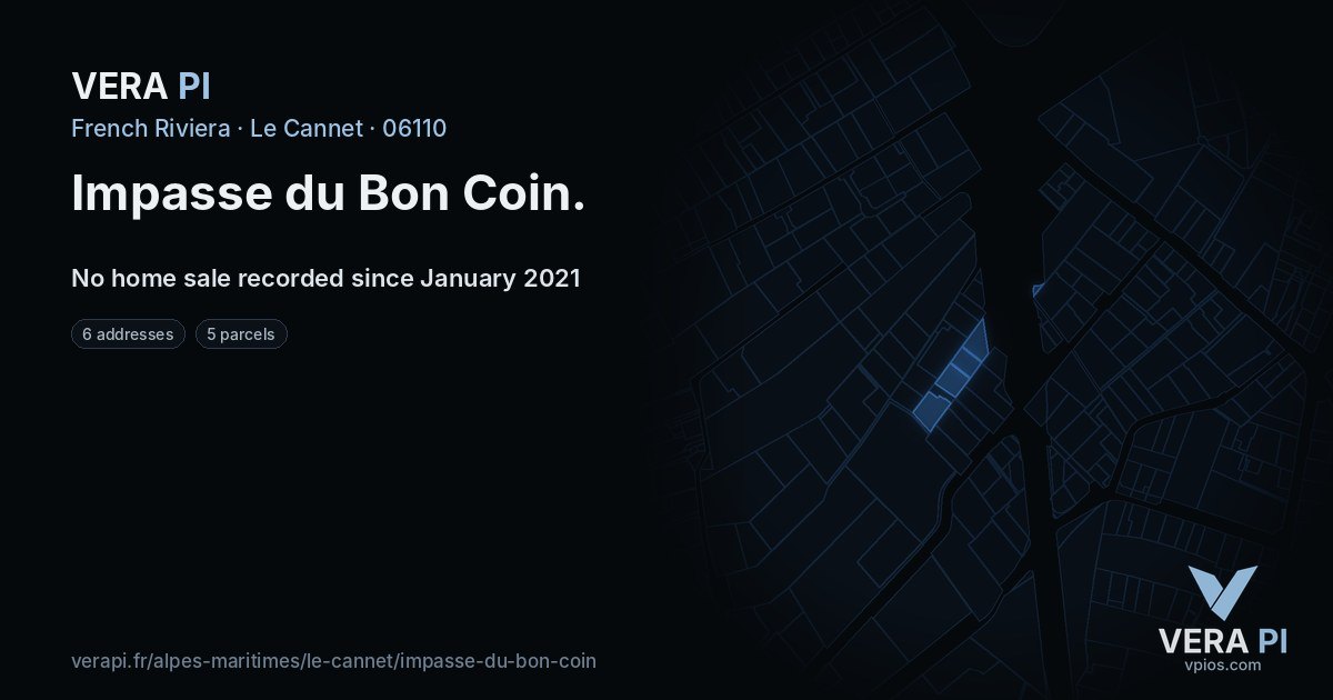 Impasse du Bon Coin, Le Cannet at night – every parcel coloured by the prices around it, the street's own parcels lit