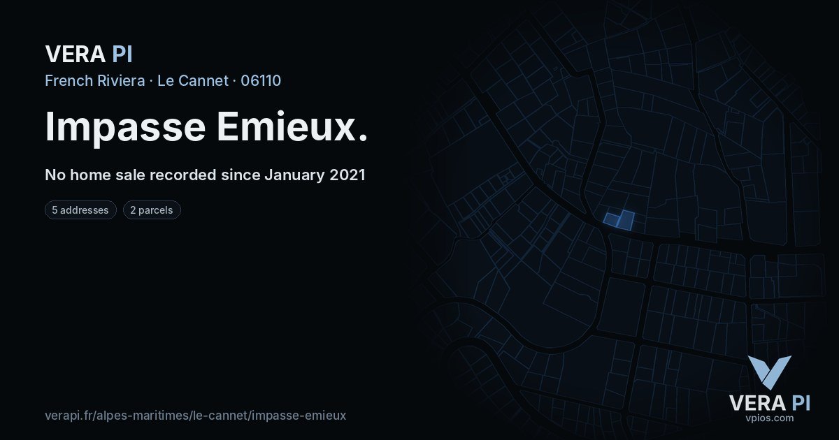 Impasse Emieux, Le Cannet at night – every parcel coloured by the prices around it, the street's own parcels lit
