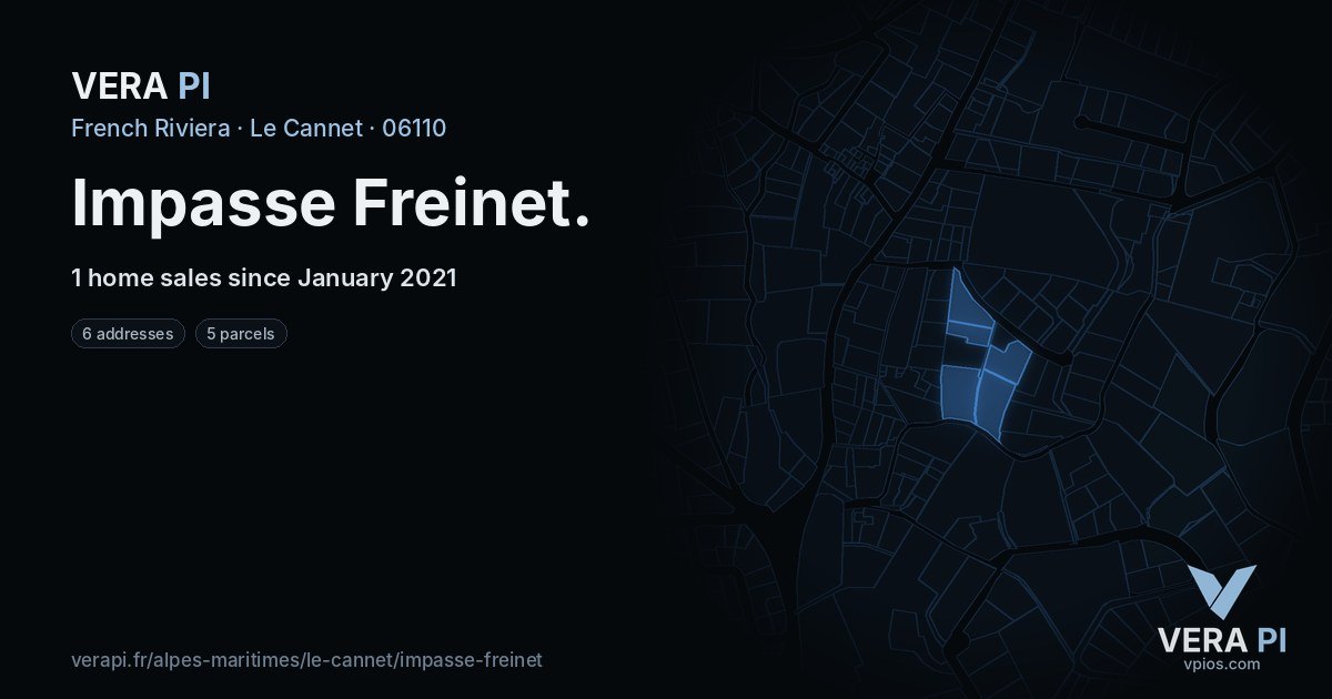 Impasse Freinet, Le Cannet at night – every parcel coloured by the prices around it, the street's own parcels lit