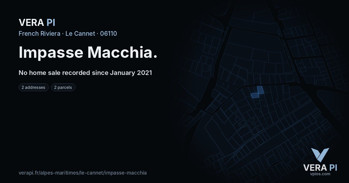 Impasse Macchia, Le Cannet at night – every parcel coloured by the prices around it, the street's own parcels lit