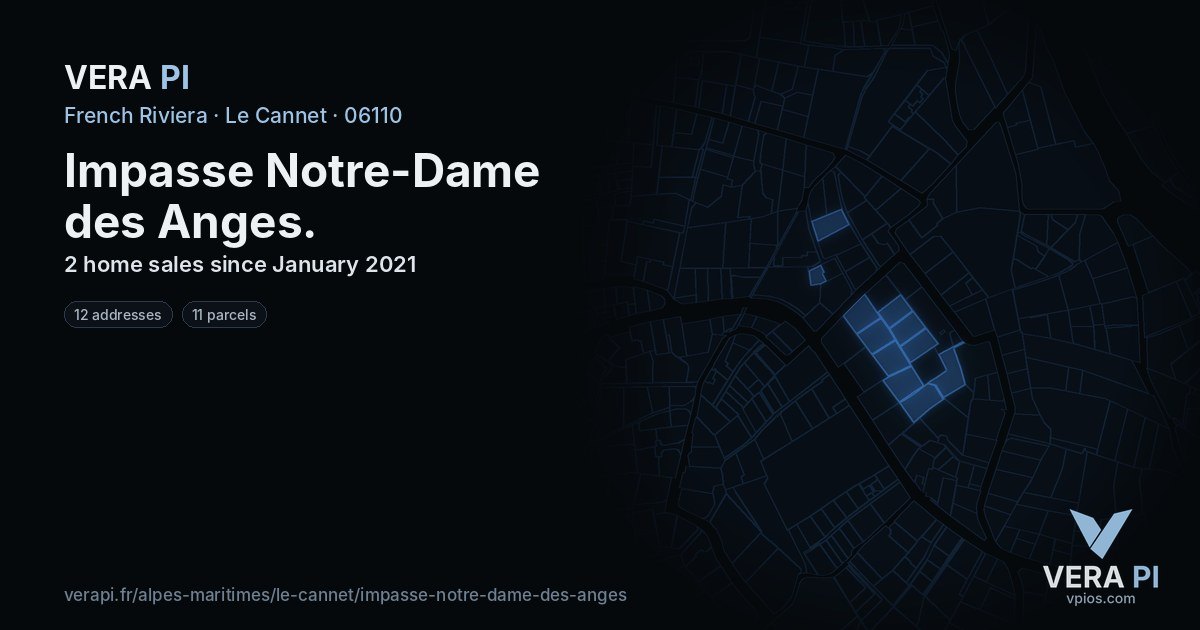 Impasse Notre-Dame des Anges, Le Cannet at night – every parcel coloured by the prices around it, the street's own parcels lit