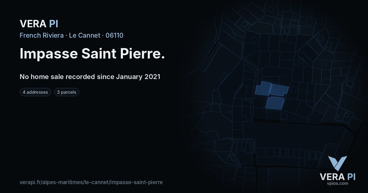 Impasse Saint Pierre, Le Cannet at night – every parcel coloured by the prices around it, the street's own parcels lit