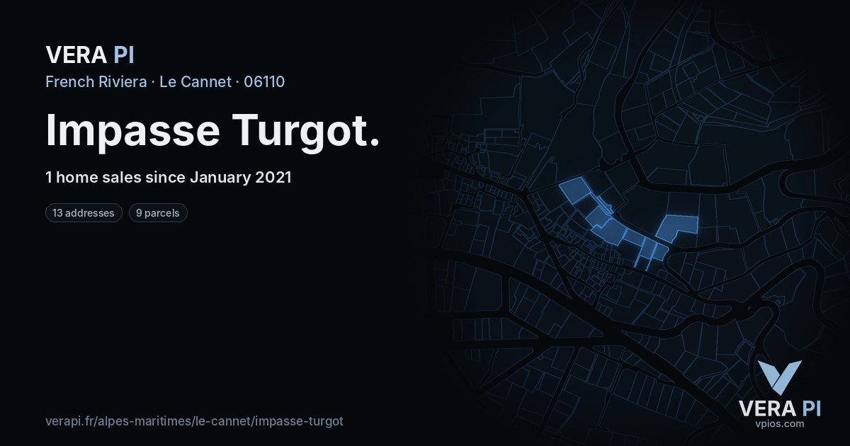 Impasse Turgot, Le Cannet at night – every parcel coloured by the prices around it, the street's own parcels lit
