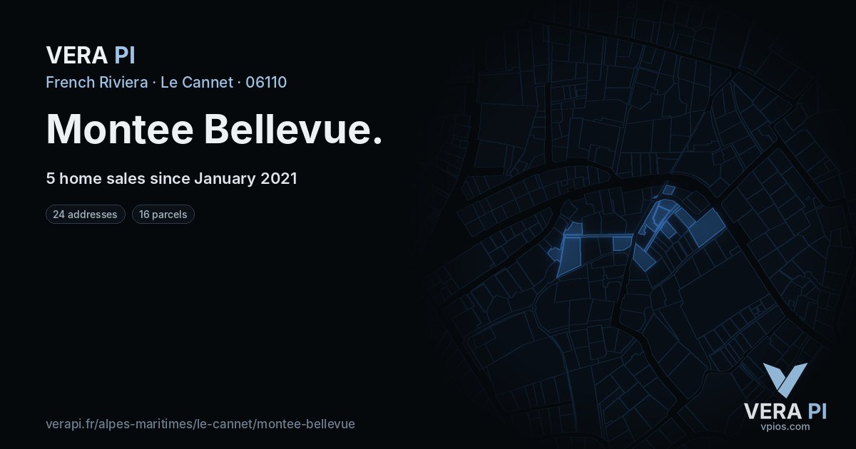 Montee Bellevue, Le Cannet at night – every parcel coloured by the prices around it, the street's own parcels lit