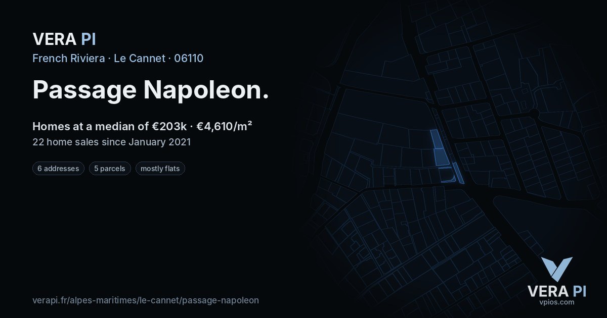 Passage Napoleon, Le Cannet at night – every parcel coloured by the prices around it, the street's own parcels lit