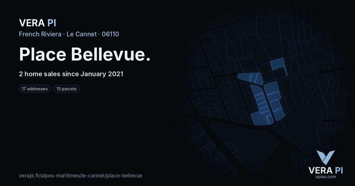 Place Bellevue, Le Cannet at night – every parcel coloured by the prices around it, the street's own parcels lit