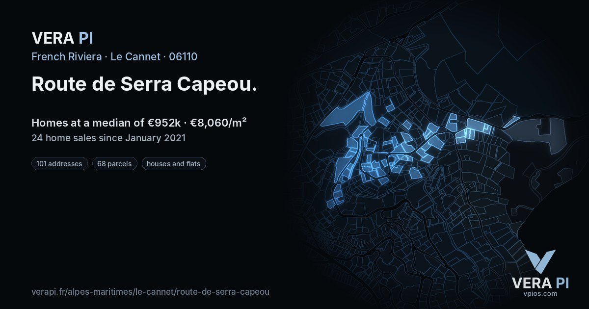 Route de Serra Capeou, Le Cannet at night – every parcel coloured by the prices around it, the street's own parcels lit